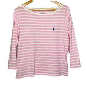Women's Large Polo Ralph Lauren Boat Neck Pink Stripe Cropped Cotton Shirt
